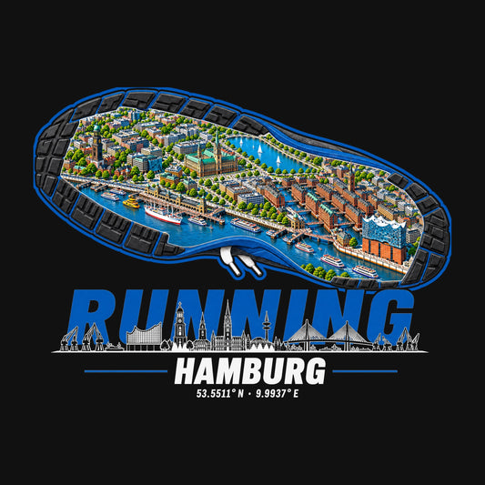 RUNNING HAMBURG Design – Laufschuhsohle mit Hamburg-Karte und Skyline