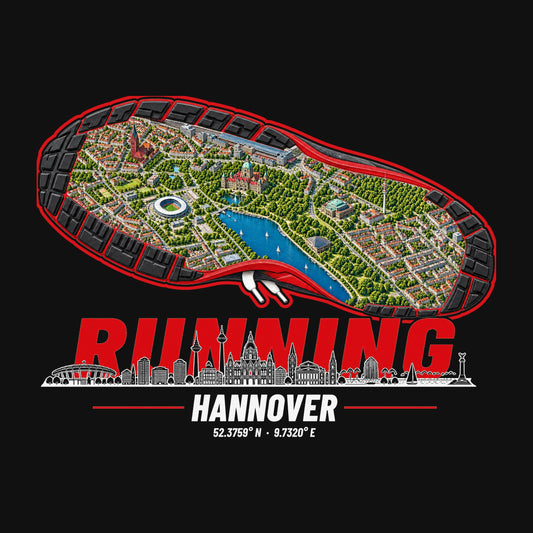 RUNNING HANNOVER Design – Laufschuhsohle mit Hannover-Karte in Rot