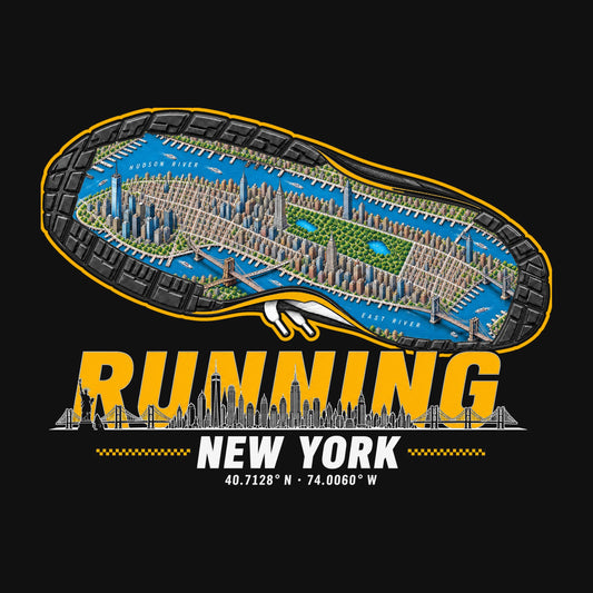 RUNNING NEW YORK Design – Laufschuhsohle mit Manhattan-Karte, Schriftzug in Taxi-Gelb