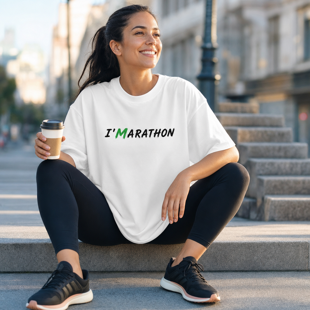 I'MARATHON Oversized Shirt – Läuferin mit Kaffee